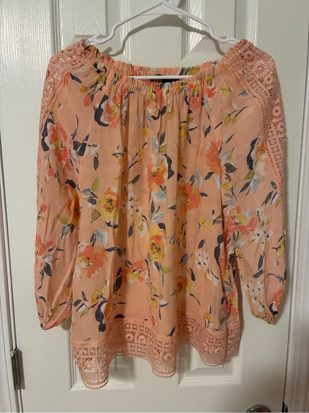 Zac & Rachel Peach Floral Lace-Trim Off-Shoulder Blouse